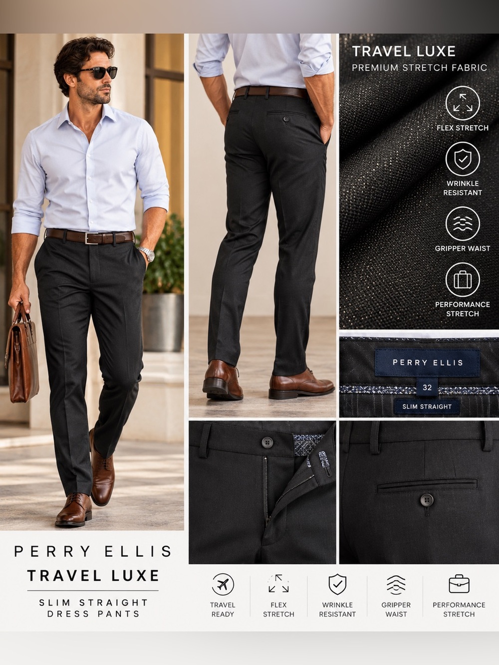 Perry Ellis Travel Luxe Slim Stretch Dress Pants Men’s 32x32 Black NWT